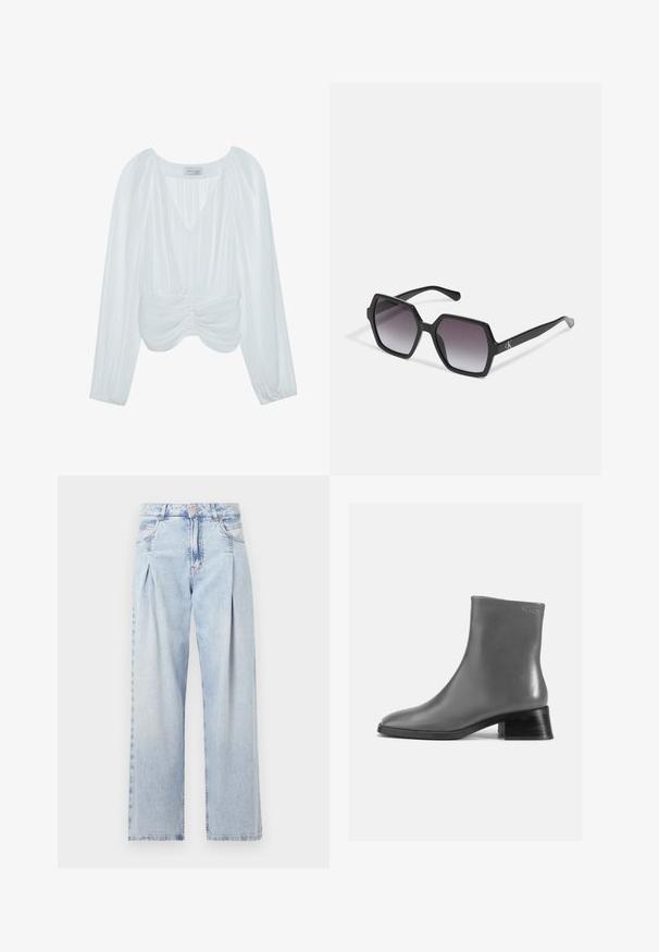 Blusa bianca a maniche lunghe con scollatura a V, texture plissettata, dettagli gathered in vita e polsini elasticizzati. Etichetta del marchio visibile all'interno.; Jeans in denim azzurro chiaro con vita alta, taglio a gamba larga, due tasche laterali e design plissettato. Texture morbida con una finitura sbiadita.; Stivale alla caviglia in pelle grigia con punta rotonda e tacco corto impilato nero. Texture liscia con dettagli minimi.; Occhiali da sole esagonali neri con lenti sfumate, caratterizzati da una finitura lucida e da un marchio discretamente visibile sulla tempia. Costruzione in plastica resistente.