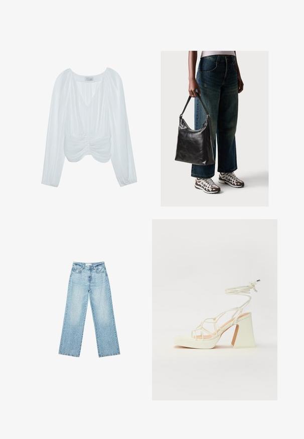 Hvid langærmet bluse med V-hals, plisseret struktur, samlede detaljer ved taljen og elastiske manchetter. Mærket synligt indeni.; Lyseblå denim bukser med bred benvidde og høj talje, præget af en falmet vask og små, spredte slidte detaljer overalt.; Hvide højhælede sandaler med en kraftig hæl, der har et stropdesign og ankelbinding. Glat tekstur med en platform foran for ekstra højde.; Sort læder skuldertaske med en glat tekstur og justerbar skulderrem, parret med faded brede bukser og atletiske sneakers.