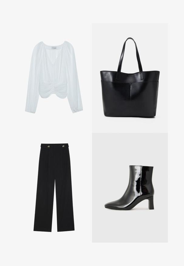 White long-sleeve blouse with a V-neck, pleated texture, gathered accents at the waist, and elastic cuffs. Brand name tag visible inside.; Black wide-leg trousers with high waist, button details on waistband, and front pleats.; Black patent leather ankle boot with a pointed toe and a mid-height block heel. Smooth texture and minimalist design.; Black leather tote bag with two long handles, a smooth texture, and a structured shape. Features a front pocket for additional storage.
