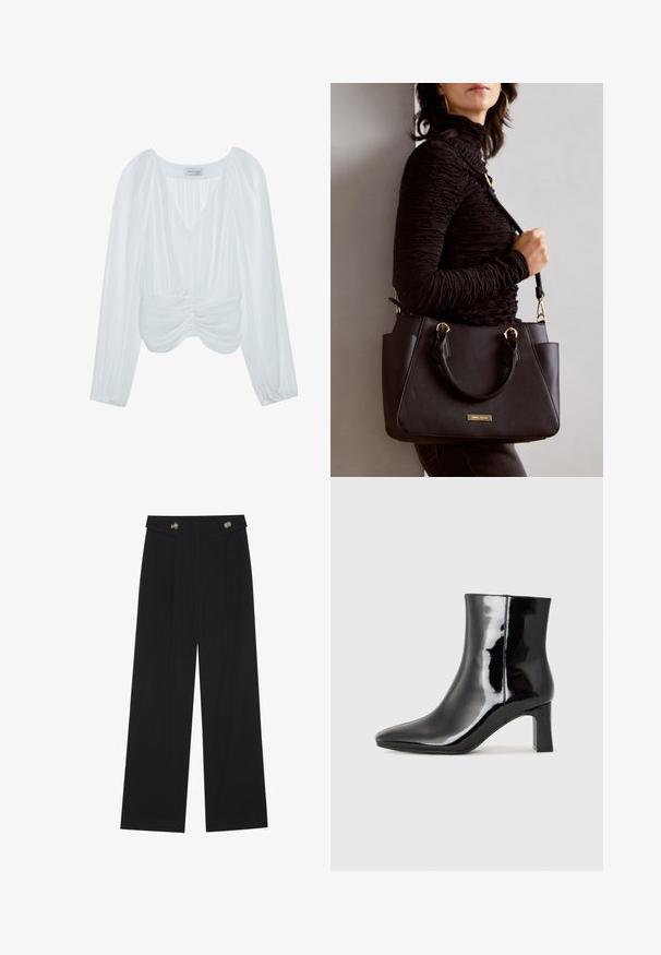 Hvit langermet bluse med V-hals, rynket tekstur, rynkete detaljer i midjen og elastiske mansjetter. Merkenavn er synlig på innsiden.; Svart vide bukser med høy midje, knappdetaljer på midjebåndet og frontplisser.; Sorte patentlær ankle boot med spiss tå og en mellomhøy blokkhelt. Glatt tekstur og minimalistisk design.; Svart håndveske med teksturert overflate, doble topphåndtak og justerbar skulderrem. Har detaljer i gulltone og sidelommer.