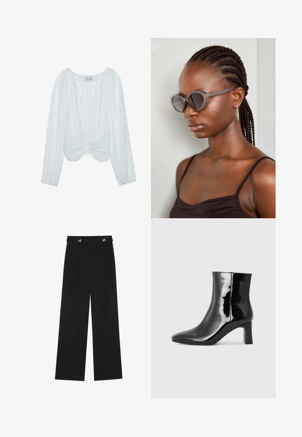 White long-sleeve blouse with a V-neck, pleated texture, gathered accents at the waist, and elastic cuffs. Brand name tag visible inside.; Black wide-leg trousers with high waist, button details on waistband, and front pleats.; Black patent leather ankle boot with a pointed toe and a mid-height block heel. Smooth texture and minimalist design.; Gray oversized sunglasses with a rounded shape and dark lenses. Sleek plastic frame with a smooth finish. Model has braided hair.