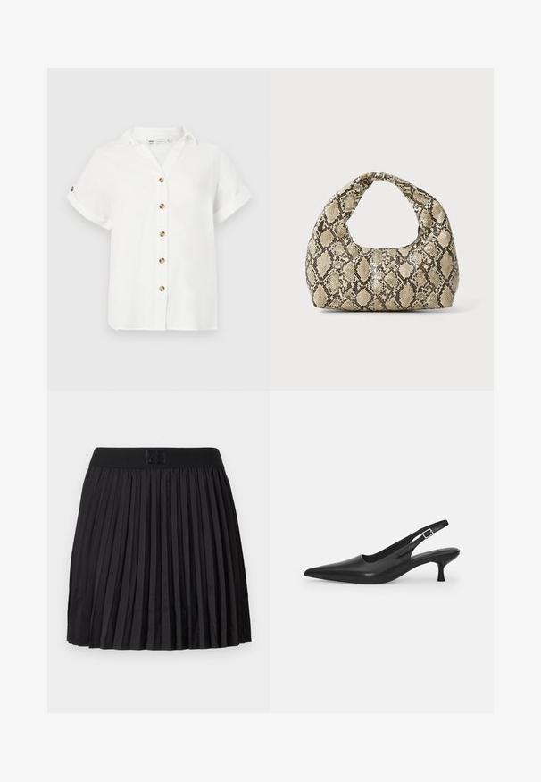 Bílá krátká blůza s límečkem, která má zapínání na knoflíky vpředu s kulatými zlatými knoflíky. Vyrobena z lehkého materiálu.; Černá skládací sukně s hladkou texturou, vybavená pevným černým pasem a vyraženým detailem loga vpředu.; Černá kožená nazouvací bota se špičatou špičkou a štíhlým zakřiveným podpatkem. Obsahuje diskrétní nastavitelný pásek s kovovou sponou.; Kabelka s hadím vzorem a zakřiveným držadlem. Vyrobena z texturovaných béžových a hnědých materiálů, s charakteristickým diamantovým vzorem.