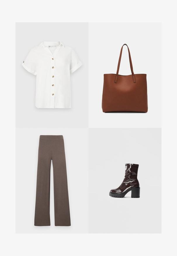Weiße Bluse mit kurzen Ärmeln und Kragen, mit einer durchgehenden Knopfleiste und runden, goldfarbenen Knöpfen. Hergestellt aus leichtem Stoff.; Gerippte Wide-Leg-Hose in Dunkelbraun, mit elastischem Bund und weichem, strukturiertem Stoff.; Glatte bordeauxrote Ankle Boots mit einem klobigen schwarzen Absatz, die eine glatte Oberfläche und ein einfaches Design aufweisen. Keine sichtbaren Verschlüsse oder Muster.; Braune Leder-Tote mit glatter Textur, offenem Oberteil und zwei Schulterriemen. Verfügt über minimale Nähte und keine sichtbaren Beschläge.