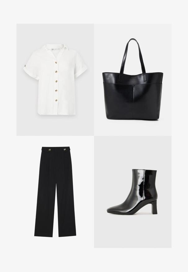 White short-sleeve blouse with a collar, featuring a button-down front with round, gold-tone buttons. Made from lightweight fabric.; Black wide-leg trousers with high waist, button details on waistband, and front pleats.; Black patent leather ankle boot with a pointed toe and a mid-height block heel. Smooth texture and minimalist design.; Black leather tote bag with two long handles, a smooth texture, and a structured shape. Features a front pocket for additional storage.