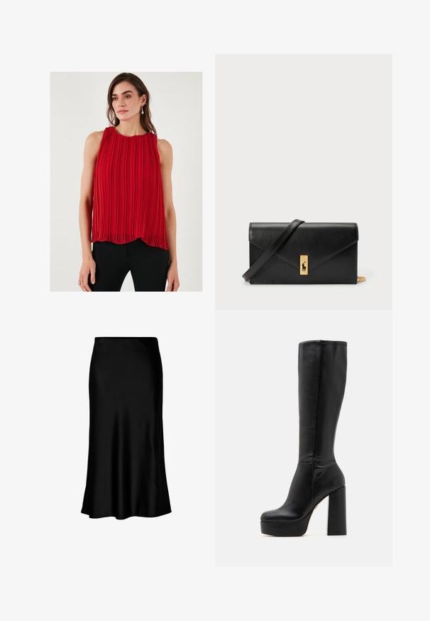 Red pleated sleeveless top with a round neckline, featuring a flowy silhouette and a lightweight texture. Paired with black fitted pants.; Black satin midi skirt with a smooth texture, flared hem, and a fitted waistband, featuring a simple, classic design.; Black knee-high boots made of smooth leather with a textured finish, featuring a high block heel and a round toe design.; Black leather wallet with a fold-over flap, gold hardware, featuring a logo accent. Includes a detachable strap for carrying.