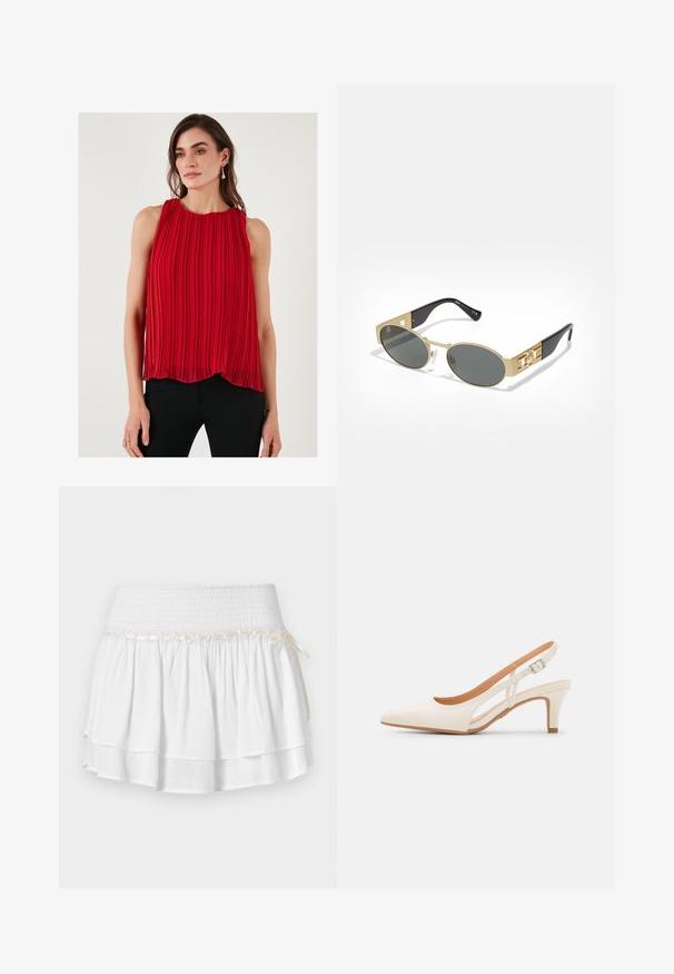 Rotes, gefältetes, ärmelloses Oberteil mit einem runden Ausschnitt, das eine fließende Silhouette und eine leichte Textur aufweist. Kombiniert mit schwarzen, engen Hosen.; Weißer Stufenrock mit elastischem Bund, der mit einem strukturierten Rüschenmuster und einem dekorativen Bandakzent versehen ist. Baumwollstoff.; Weiße Slingback-Absätze mit spitzer Zehenpartie, glattem Obermaterial, niedrigem Blockabsatz und seitlichem Ausschnitt-Design mit verstellbarem Schnallenriemen.; Ovale Sonnenbrillen mit einem goldenen Metallrahmen und grauen Gläsern. Mit schwarzen Acetatbügeln, goldenen Akzenten und Logo-Details an den Seiten.; Michael Kors Clutch in beige beschichtetem Canvas mit einem wiederholten MK-Logo-Muster, goldfarbener hardware und einem abnehmbaren Kettenriemen.