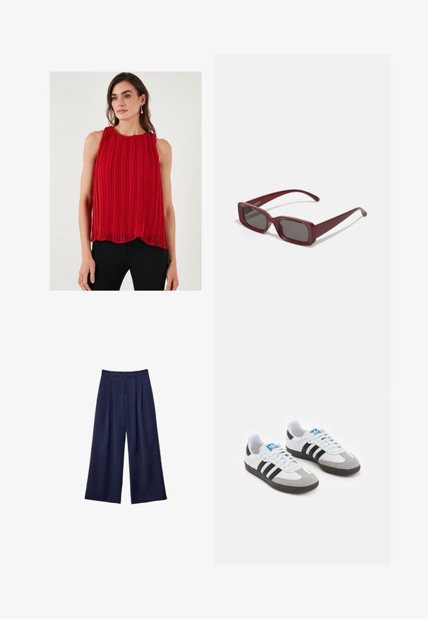 Haut rouge plissé sans manches avec un col rond, présentant une silhouette fluide et une texture légère. Associé à un pantalon noir ajusté.; Pantalons larges bleu marine avec des plis, taille à boutons et passants de ceinture, présentés à plat sur un fond blanc.; Baskets avec une tige en cuir blanc, un bout en daim gris et trois bandes noires. Présente un logo bleu sur la languette et une semelle en caoutchouc texturée.; Lunettes de soleil rectangulaires bordeaux avec des verres foncés, des montures épaisses et des branches effilées. Fabriquées en plastique brillant avec une texture lisse.