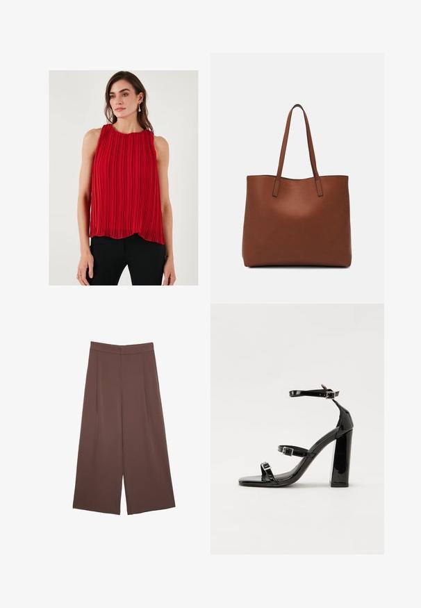 Röd plisserad ärmlös topp med rund halsringning, som har en flödande silhuett och en lätt textur. Kombineras med svarta figursydda byxor.; Bruna vida byxor med en slät textur, som har hög midja och framfickor. Tyget är lätt och flödar löst.; Svarta lackerade klacksandaler med fyrkantig tå, ankelremmar och silverfärgade spännen. Har en kraftig blockklack för stabilitet.; Brun läder tote-väska med en slät textur, öppen toppdesign och två axelremmar. Har minimal söm och ingen synlig metalldetalj.