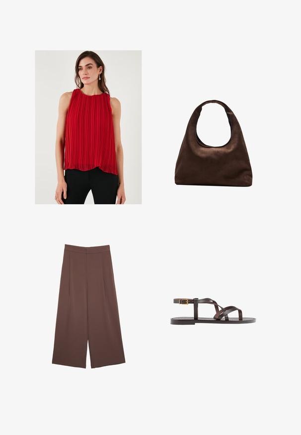 Rotes, gefältetes, ärmelloses Oberteil mit einem runden Ausschnitt, das eine fließende Silhouette und eine leichte Textur aufweist. Kombiniert mit schwarzen, engen Hosen.; Braune Weite-Leg-Hosen mit einer glatten Textur, hoher Taille und Vorderfalten. Der Stoff ist leicht und fällt locker.; Braune Leder-Sandale mit überkreuzten Riemen, einem Knöchelriemen mit Schnalle und einer flachen Sohle mit minimalen Nähdetails.; Weiche braune Hobo-Stil Handtasche mit einem einzigen breiten Trageriemen und einer geschwungenen Oberteilöffnung, auf einem weißen Hintergrund präsentiert.