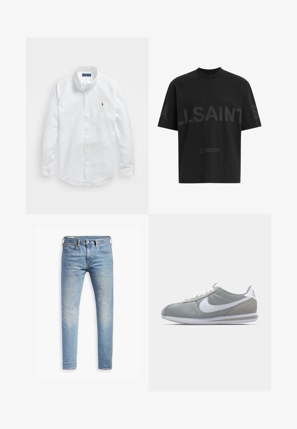 Camicia button-down bianca in cotone con colletto classico, maniche lunghe e un piccolo logo ricamato sul lato sinistro del petto.; T-shirt nero oversize con il testo grigio scuro "ALLSAINTS" sul petto e "LONDON" in lettere più piccole sottostante.; Jeans slim fit blu chiaro con leggere sfumature sulle cosce, chiusura con bottone anteriore, passanti per cintura e cinque tasche su uno sfondo bianco.; Scarpa sportiva grigia con tomaia in camoscio e tessuto, swoosh Nike bianco e lacci bianchi. Presenta una suola in gomma testurizzata e un collare imbottito.