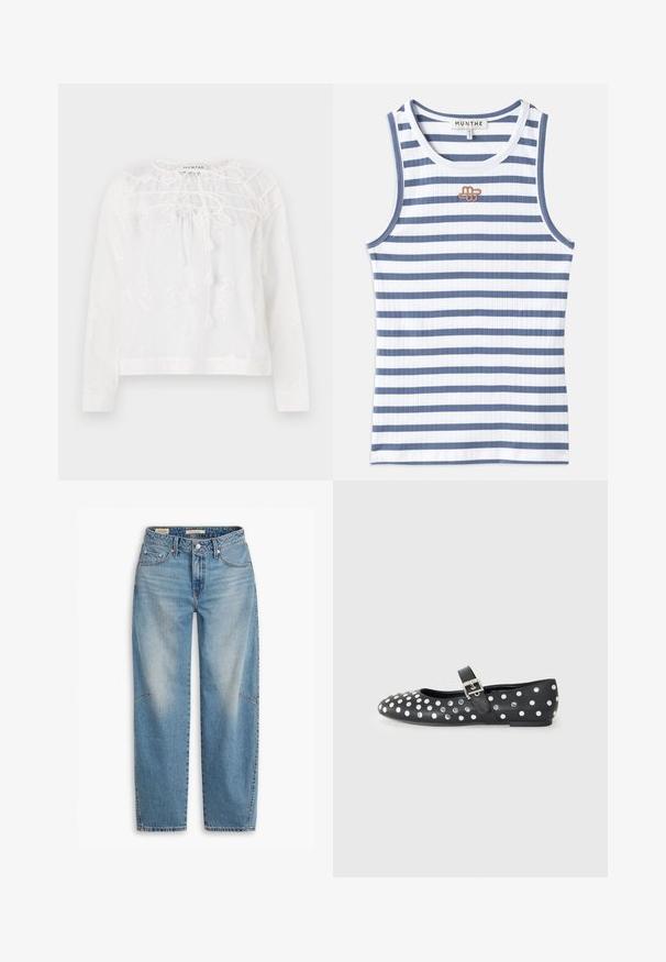 Blusa bianca a maniche lunghe con ricami floreali, scollatura rotonda con lacci e vestibilità rilassata. Tessuto leggero con una sottile texture.; Canotta a righe con alternanza di tessuto a coste bianco e blu. Il design include un piccolo logo marrone sul petto e un bordo blu sul colletto.; Jeans azzurri chiari a vita alta, con un design a gamba dritta, classico stile a cinque tasche e leggere sfumature sui pannelli frontali.; Scarpa piatta in pelle nera con punta rotonda, caratterizzata da borchie argentate disposte in un motivo a pois e una cinghia con fibbia sopra il collo del piede.