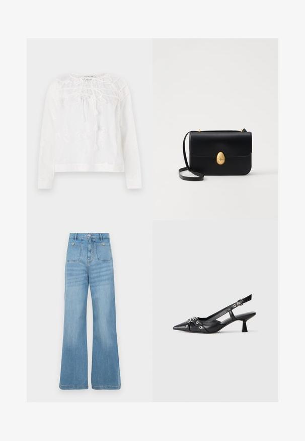 Witte blouse met lange mouwen, versierd met bloemenborduursel, een ronde halslijn met strikjes en een ontspannen pasvorm. Lichtgewicht stof met een subtiele textuur.; Lichtblauwe denim jeans met een wijd pootontwerp, voorzien van twee voorkruipzakken en twee achterzakken, afgewerkt met een ruwe zoom en knoopsluiting.; Zwarte leren slingback schoen met een puntige neus, decoratieve banden met metalen oogjes en een lage blokhak. Textuur oppervlak.; Zwarte leren handtas met een gestructureerde rechthoekige vorm. Voorzien van een gouden ovale sluiting en een dunne schouderband. Glad van textuur.