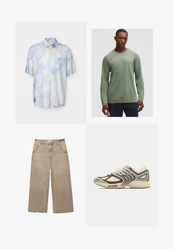 Camicetta a maniche corte con bottoni in blu chiaro e bianco con un motivo astratto in acquerello; realizzata in tessuto morbido; vestibilità ampia e dettaglio del colletto.; Camicia a maniche lunghe di colore verde tenue con un motivo testurizzato, scollatura rotonda e maniche raglan, realizzata in tessuto morbido e leggero.; PULL&BEAR MEGA BAGGY - Jeans baggy - light grey; Sneaker azzurro chiaro e marrone con una tomaia in rete texturizzata, design stratificato, dettagli riflettenti e una suola intermedia cremosa imbottita.