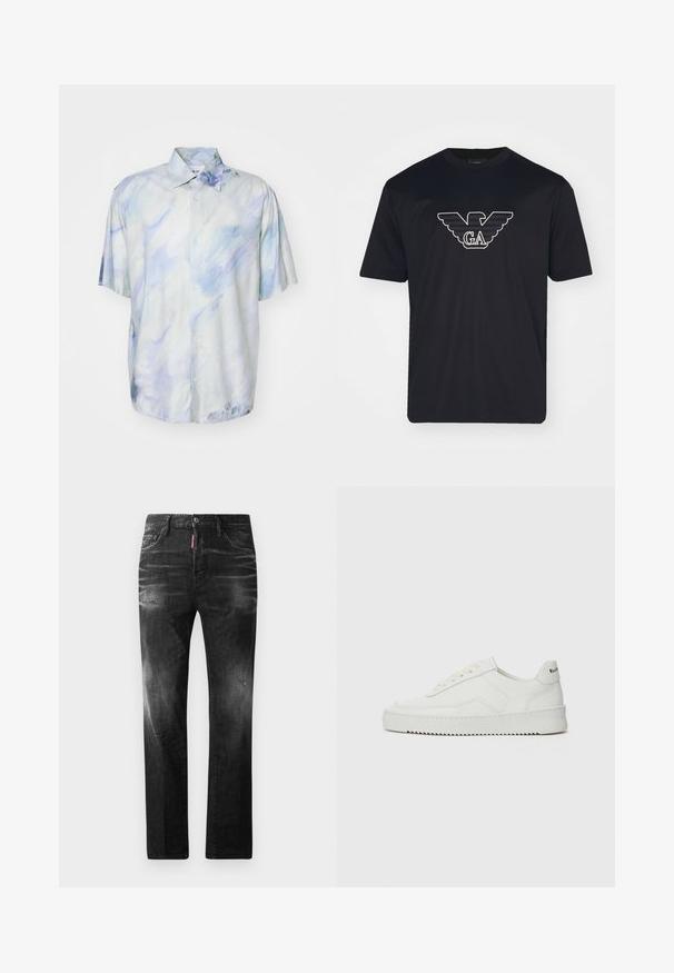 Camicetta a maniche corte con bottoni in blu chiaro e bianco con un motivo astratto in acquerello; realizzata in tessuto morbido; vestibilità ampia e dettaglio del colletto.; Emporio Armani T-shirt con stampa - black; Jeans in denim nero con vestibilità dritta. Presentano aree sbiadite, leggeri segni di usura, classico design a cinque tasche e chiusura con bottone.; Sneaker in pelle bianca con una finitura liscia, punta rotonda, lacci piatti e suola testurizzata. Presenta un logo discreto sul tallone.
