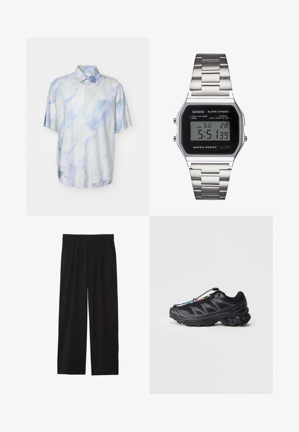 Kurzärmliges Button-Up-Hemd in Hellblau und Weiß mit einem abstrakten Aquarellmuster; aus weichem Stoff; lockere Passform und Kragen-Detail.; Schwarze, weite Hose mit gefälteltem Vorderteil, seitlichen Taschen und einer glatten Stoffstruktur. Entworfen für eine entspannte Passform.; Schwarzer Sportschuh mit einem strukturierten Mesh-Obermaterial, verstärkter Zehenkappe und einem Schnellverschluss-System. Verfügt über eine robuste Laufsohle und einen leichten Absatz.; Digitale Casio-Uhr mit schwarzem Ziffernblatt, silbernem Edelstahlband, rechteckigem Gehäuse sowie Tasten für Licht, Rundenrücksetzung und Moduswechsel.