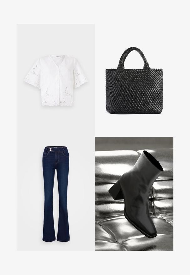 Bijela kratka majica s rukavima i V-izrezom, ukrašena vezom cvjetnih uzoraka te izrezima duž rubova i rukava.; Tamno plave široke traperice s visokim strukom, dva prednja džepa i dva dugmad za zatvaranje. Napravljene od denima s glatkom teksturom.; Crni gležnjača napravljena od sjajnog materijala sa četvrtastim vrhom i suženom petom, postavljena protiv srebrne sjajne pozadine sa nabranim uzorkom.; Crna torba od tkanine s dva držača, koja ima teksturiranu površinu i pravokutni oblik. Jednostavan, jedinstven dizajn bez vidljivih dijelova hardvera.