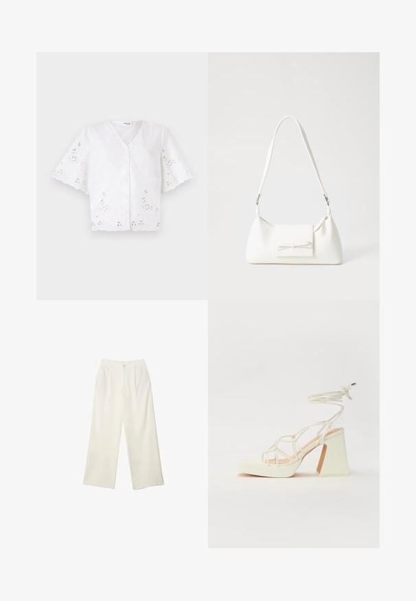 Weißes kurzärmeliges Blusenshirt mit V-Ausschnitt, das mit gestickten Blumenmustern und ausgeschnittenen Details am Saum und an den Ärmeln verziert ist.; Helle Stoffhose mit weitem Bein und glatter Textur, ausgestattet mit einem einzelnen Knopf vorne, dezenten Falten und einem Hochbund-Design.; Weiße High-Heel-Sandale mit einem klobigen Absatz, die über ein Riemchendesign und ein Knöchelband verfügt. Glatte Textur mit einer Plattform vorne für zusätzliche Höhe.; Weiße synthetische Handtasche in dreieckiger Form, flache Vorderklappe und Schleifendetail, verstellbarer Trageriemen, glatte Textur und minimalistisches Design.