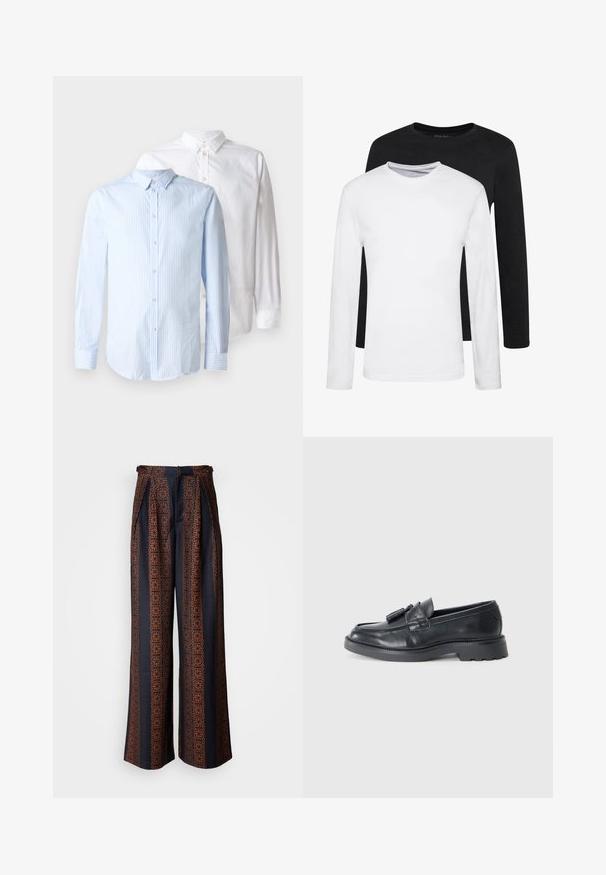 Dos camisas de manga larga: una de color azul claro con rayas verticales y una blanca lisa. Ambas tienen un cierre de botones en la parte delantera y detalles en el cuello.; Dos camisetas de manga larga, una negra y una blanca, hechas de algodón, con cuello redondo y una textura suave, exhibidas en un arreglo apilado.; Pantalones de pierna ancha en tejido azul oscuro con un intricado patrón geométrico naranja, con un frente plisado y una cinturilla ajustada.; Mocasines de cuero negro con punta redondeada, una correa con borlas y una suela gruesa con un patrón de relieve. Textura suave y diseño clásico.