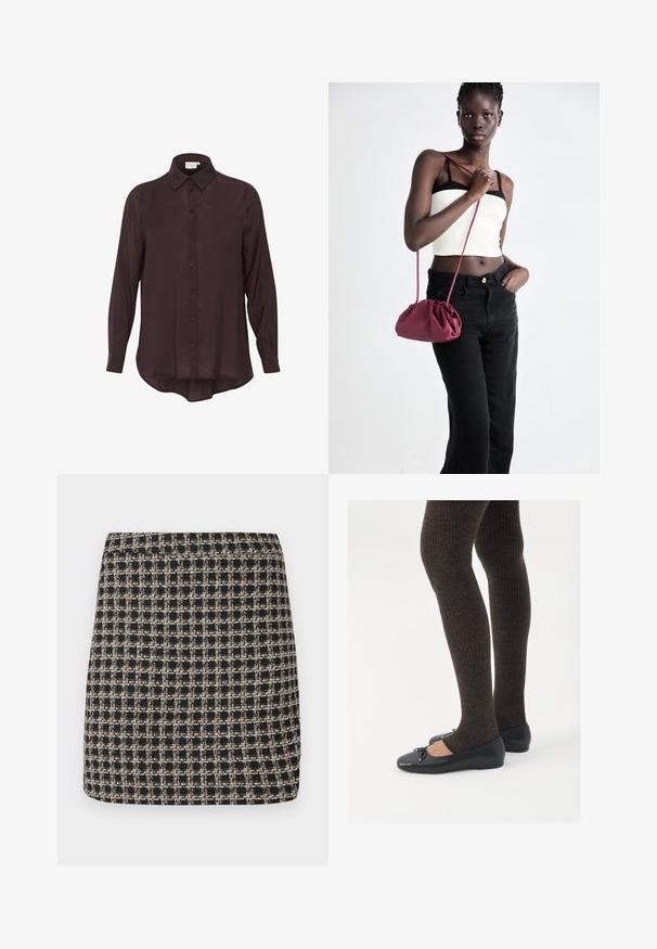 Dark purple long-sleeve shirt with a button-up front, soft texture, and a collared neckline. Rounded hem and buttons in matching color.; Black and beige checkered mini skirt with a textured weave and a smooth waistband, featuring a structured fit and simple design.; Black flat shoes with a small bow detail at the toe, paired with dark brown ribbed tights. Shoes have a smooth texture and low profile.; Burgundy soft fabric handbag with a gathered design and a long strap, worn crossbody. Model wears a white crop top and black jeans.