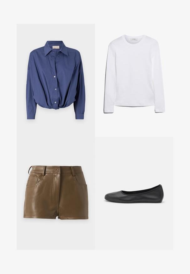 Navy blue button-up shirt made of cotton with a knotted front design, long sleeves, a collar, and subtle detailing on the cuffs.; Long-sleeve white T-shirt made of ribbed cotton, featuring a round neckline and a straight hem. Simple design with no patterns or accents.; Brown faux leather shorts with a fitted design, waistband with belt loops, front pockets, and visible stitching details.; Black leather ballet flat with a rounded toe, smooth texture, minimal stitching detail, and a flexible sole design.