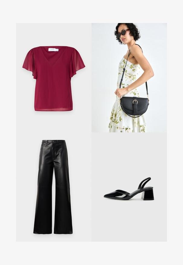 Bordeauxfarbenes kurzärmeliges Oberteil mit V-Ausschnitt, das transparente Flatterärmel und eine glatte Textur hat. Das Etikett zeigt "VILA".; Schwarze leichte, weit geschnittene, hochtaillierte Kunstlederhose mit vorderem Knopf, Reißverschluss, Gürtelschlaufen und Seitentaschen auf weißem Hintergrund.; Schwarze Lackleder-Slingback-High Heels mit spitzem Schuh und einem geometrischen Blockabsatz. Verfügt über ein schlankes, minimalistisches Design und eine glatte Textur.; Schwarze Lederhandtasche mit geschwungener Form, abnehmbarem Tragegurt und goldenen Beschlägen. Die Tasche verfügt über einen Deckel mit einer Schnallen-Details.
