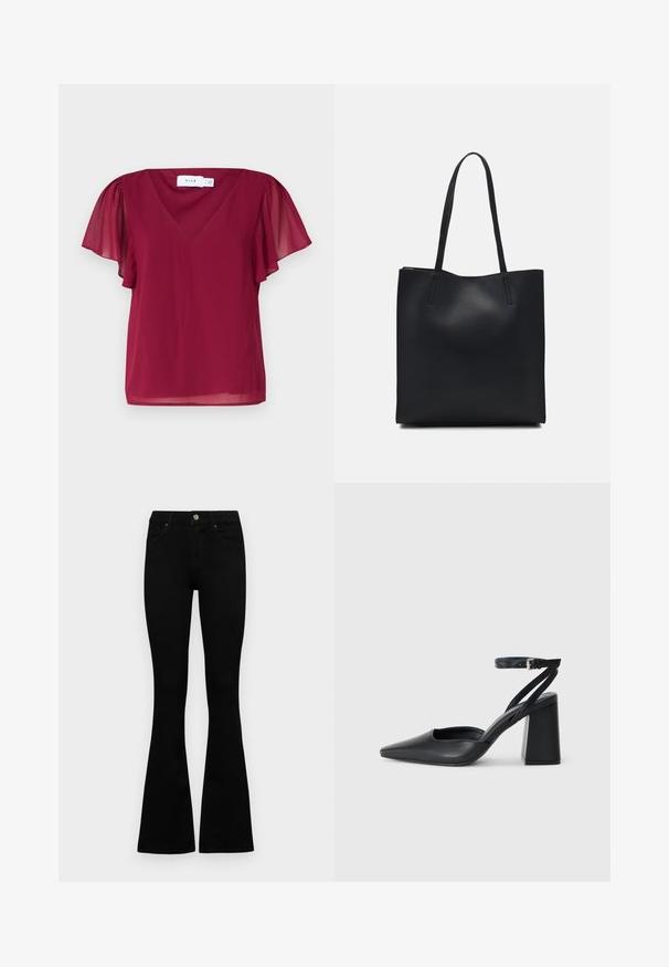 Burgundy short-sleeve blouse with a V-neckline, featuring sheer flutter sleeves and a smooth texture. Label displays "VILA."; Black high-waist jeans with a button and zip closure, front pockets, and flared legs laid flat on a white background.; Black leather pointy-toe pump with an ankle strap and a chunky heel. Flat texture, sleek design, and minimalistic aesthetics.; Black leather tote bag with smooth texture, rectangular shape, and two long handles. No visible hardware or embellishments.