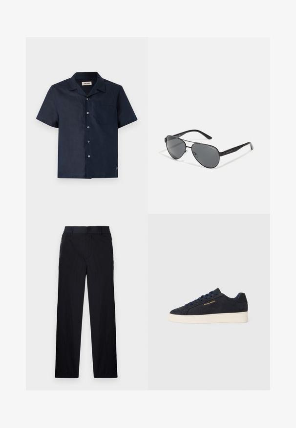 Kortærmet skjorte i mørkeblå stof, med krave, seks knaplukninger, en brystlomme og et lille logo-detalje nederst.; Sorte bukser i let, struktureret stof, med lige ben, elastisk talje og sidelommer med lynlås.; Mørkeblå ruskinds lavtop sneaker med hvid sål, mørkeblå snørebånd og "Filling Pieces" logo i guld på siden.; Sorte aviator solbriller med mørke linser, tynd metalramme og slanke plastikstænger med logo detaljer.