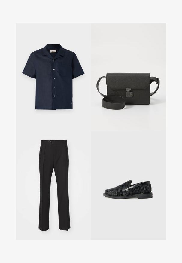 Cămașă cu mânecă scurtă dintr-un material de culoare bleumarin închis, având guler, șase închideri cu nasturi, un buzunar pe piept și un detaliu mic de logo la margine.; Pantaloni negri din stofă ajustată cu un design drept, două buzunare frontale și închidere cu două butoane la talie. Textură de țesătură fină.; Pantofii negri din material textil, cu accent din piele netedă pe partea superioară, design cu vârf rotund și talpă din cauciuc de profil redus.; Geantă crossbody din piele neagră cu un finisaj texturat, închidere cu clapetă, accesorii metalice și o curea ajustabilă asortată.