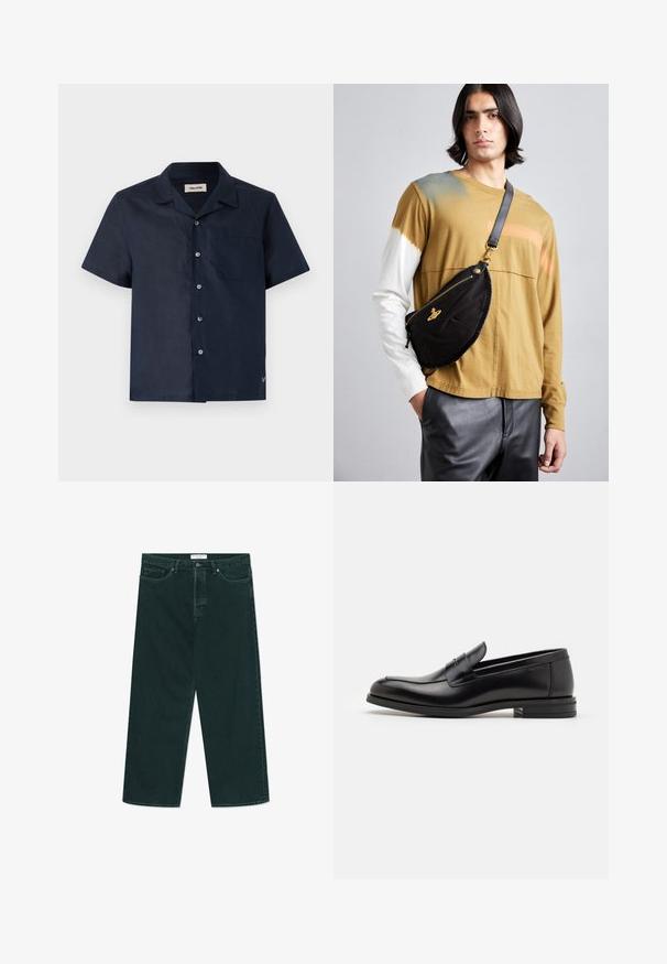 Aizsistu krekls tumši ziliem audumiem, ar apkakli, sešām pogām, krūšu kabatu un mazu logo detaļu apakšmalā.; Tumši zaļi platās kājas denimi džinsi ar pogu un rāvējslēdzēja aizdari, priekšējām kabatām un siksnu cilpām, izklāti uz baltas fona.; Melnas ādas kurpes ar gludu tekstūru, noapaļu purngalu un dekoratīvu siksniņu pāri priekšpusei. Zems sakrauts papēdis, minimālisma dizains.; Vivienne Westwood CITY BUMBAG UNISEX - Jostas soma - black