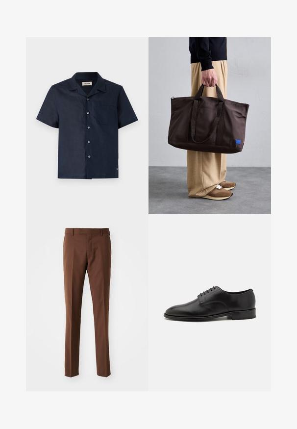 Lyhythihainen paita tummansinisestä kankaasta, jossa on kaulus, kuusi nappilukkoa, rintatasku ja pieni logotieto helmassa.; Ruske, pristrižene hlače s ravnim prednjim delom, ravnimi nogami, gladko teksturo in zanke za pas. Brez vidnih vzorcev ali kovinskih detaljev.; Paul Smith JASON - Klassiset nauhakengät - black; Ruskea nylon-kassi, jossa on kaksoiskahvat, vetoketjukiinnitys ja sininen logopatch. Sileä pinta, jämäkkä rakenne, tilava sisustus.