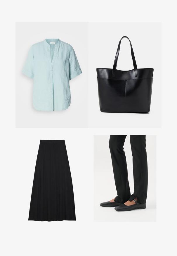 Light blue linen shirt with a stand collar, short rolled sleeves, front pleat detail, and a relaxed fit. Smooth texture.; Black maxi skirt made of soft, flowing fabric. It features an elastic waist and a full, A-line silhouette with a smooth texture.; Black leather ballet flats with a pointed toe, strap with silver buckle, paired with black tailored pants featuring a slit hem.; Black leather tote bag with two long handles, a smooth texture, and a structured shape. Features a front pocket for additional storage.; Silver hoop earrings with a smooth, polished finish. Round shape and secure click-top closure. Lightweight design suitable for everyday wear.