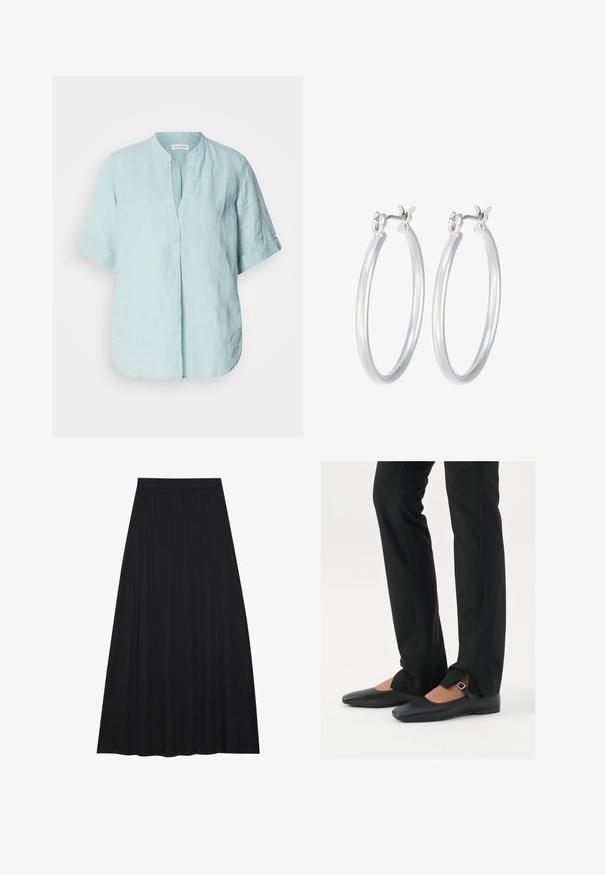 Svetlo modra lanena srajca z ovratnikom, kratkimi zavitimi rokavi, detajlom sprednjega naborka in sproščenim fitom. Gladka tekstura.; Črna maksi krila iz mehkega, tekočega materiala. Ima elastičen pas in polno A-linijsko silhueto z gladko teksturo.; Črne usnjene balerinke s koničastim nosom, trak z srebrno zaponko, v kombinaciji s črnimi elegantnimi hlačami z razporkom na robu.; Srebrni obroči za ušesa z gladko, polirano površino. Okrogla oblika in varna zaponka s klikom. Lahka zasnova, primerna za vsakodnevno nošenje.