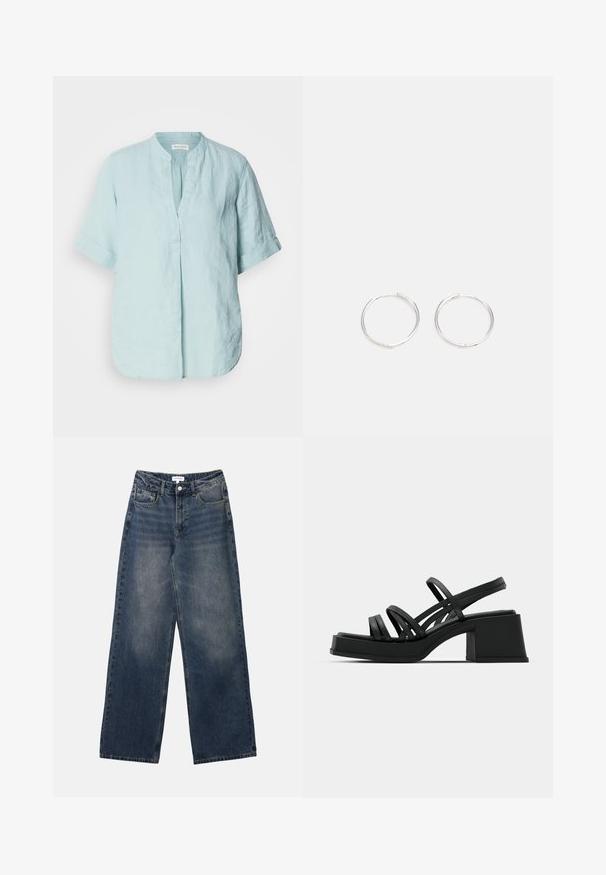 Světle modrá lněná košile s postaveným límečkem, krátkými ohrnovacími rukávy, detailem s předním skladem a uvolněným střihem. Hladká textura.; Pánské modré džíny s vysokým pasem, širokými nohavicemi, předním knoflíkem a zipem a předními i zadními kapsami.; Černé sandály na vysokém podpatku s mnoha tenkými pásky a širokým blokovým podpatkem. Elegantní design s matnou texturou. Podešev má mírný zakřivení.; Stříbrné kruhové náušnice s elegantním, kulatým designem, s hladkým povrchem a bez viditelných ozdob. Průměr není specifikován.