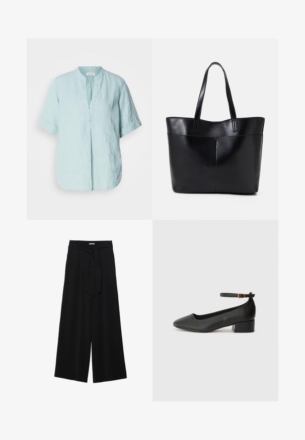 Šviesiai mėlynas lininis marškinėlis su stovinčia apykakle, trumpomis užsuktomis rankovėmis, priekinėmis raukšlėmis ir laisvu siluetu. Lygus paviršius.; Juoda plačių kojų kelnės, pagamintos iš tekstūruoto audinio, su elastingu juosmeniu ir atsegamu diržu juosmenyje, leidžiančiu reguliuoti dydį.; Juodas odinis aukštakulnis batelis su smailiu pirštu ir žemu bloku. Su kulkšnies dirželiu su auksinės spalvos sagtimi. Lygus paviršius.; Juoda odinė rankinė su dviem ilgais diržais, lygiu paviršiumi ir struktūrizuota forma. Yra priekinė kišenė papildomam saugojimui.