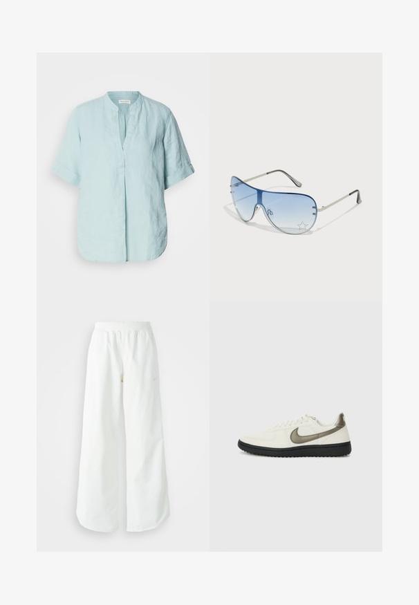 Light blue linen shirt with a stand collar, short rolled sleeves, front pleat detail, and a relaxed fit. Smooth texture.; White wide-leg athletic pants with a ribbed waistband and subtle logo detail. Smooth fabric with a relaxed fit and tapered hem.; Nike Sportswear FIELD GENERAL - Trainers - off-white/black; Aviator sunglasses featuring a gradient blue lens, silver metal frame, and decorative star accents on the lens. Smooth and sleek design.