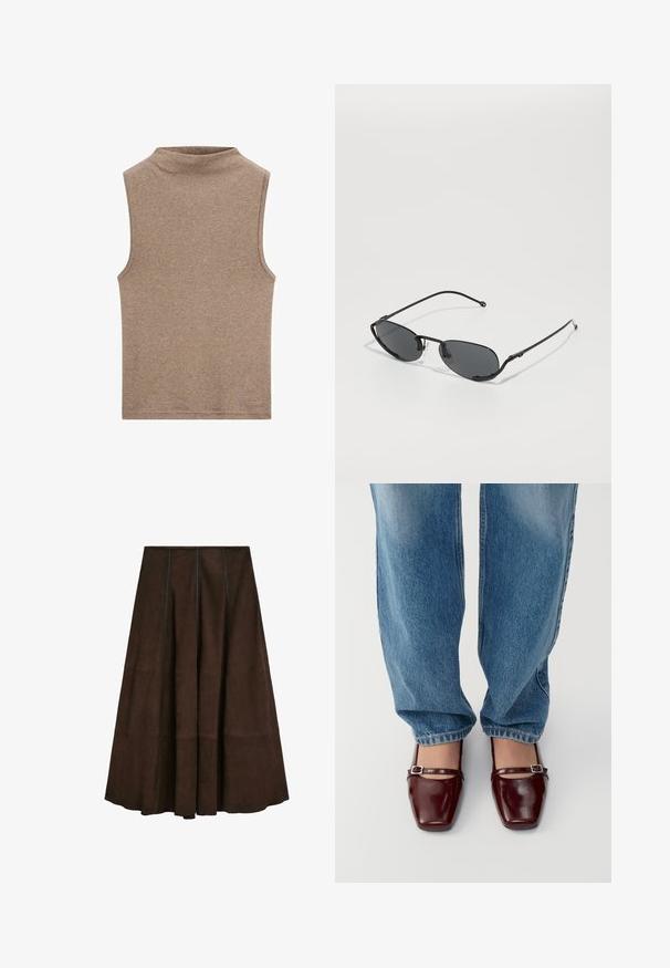 Sleeveless brown mock neck top made of soft fabric, featuring a smooth texture and a simple design without additional patterns or accents.; Brown suede midi skirt with a flared design and vertical seam detailing, featuring a smooth texture and a wide hemline.; Burgundy patent leather shoes with a square toe and ankle strap, paired with light blue loose-fit jeans. The shoes have a glossy finish.; Black sunglasses with narrow oval lenses, thin metal frames, and adjustable nose pads. Features sleek, minimalist design.; Leopard print scarf in brown and beige tones, woven material, rectangular shape, featuring a soft texture with fringed edges.