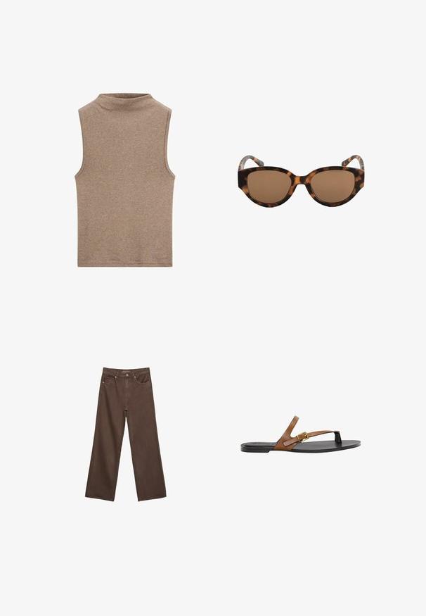 Mouwloze bruine top met hoge ronde hals, gemaakt van zachte stof, met een gladde textuur en een eenvoudig ontwerp zonder aanvullende patronen of accenten.; Brede bruine spijkerbroek van denim, met een hoge taille, voorzakken en een klassieke knoopsluiting. Soepele textuur met subtiele stiksels.; Tan leren teenslipper met een gouden gespdetail, een platte zwarte zool en een minimalistisch ontwerp, met een soepele textuur.; Bruine schildpad-zonnebril met kattenoogframe, bruine lenzen en een gladde textuur. Het frame heeft gebogen armen met een subtiel patroon.; Bruine suède hobo tas met een gebogen vorm, enkele schouderband, ritsluiting en een gladde textuur. Eenvoudig ontwerp met minimale hardwaredetails.