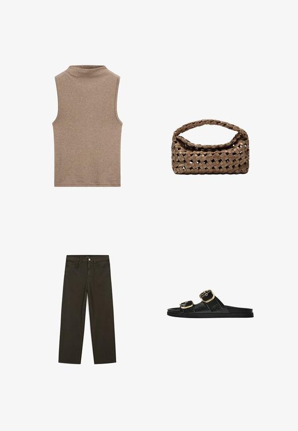 Sleeveless brown mock neck top made of soft fabric, featuring a smooth texture and a simple design without additional patterns or accents.; Dark green wide-leg jeans made of cotton blend, featuring a front button closure, five pockets, and classic denim stitching.; Black slide sandal with two gold buckle accents, smooth textured material, flat sole, and a minimalist design.; Woven brown handbag with a rectangular shape, structured handle, and textured surface. Features a closed top and intricate weaving pattern.