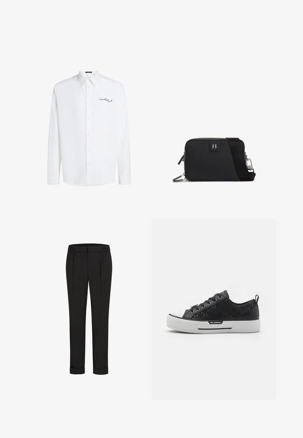 Biała koszula z długim rękawem, zapinana na guziki, wykonana z bawełny, z kołnierzykiem w szpic i czarnym haftowanym logo na lewej piersi. Gładka w dotyku.; Czarne spodnie z elastycznym pasem, charakteryzujące się prostym krojem nogawki i podwiniętymi mankietami. Wykonane z gładkiej, tkanej tkaniny bez wzorów.; Czarne niskie trampki z wzorzystym płótnem, białą gumową osłoną na palce, teksturowaną podeszwą i akcentem logo po boku. Metalowe oczka na sznurówki.; Czarna prostokątna torba wykonana z teksturowanego materiału, z zamkiem błyskawicznym, regulowanym paskiem oraz naszywką z logo z przodu.