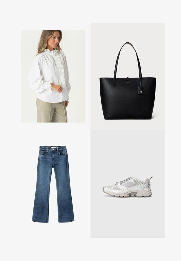 Vit bomullsblus med en hög volangkrage, knäppning framtill och spetsdekorerade mudd. Långa ärmar och mjuk, slät textur.; Uppfällda blå denimjeans med midjehöjd, fem fickor och en slitagen struktur. Avslutade fållar och en klassisk knappstängning.; Löparskor i vitt mesh med metalliska detaljer, texturerade överdrag och en tjock sula. Innehåller ett snörningssystem framtill och en dragflik bak.; Svart läder tote-väska med texturerad yta, dubbla handtag och en liten avtagbar tagg med guldfärgade accenter. Enkelt och funktionellt design.