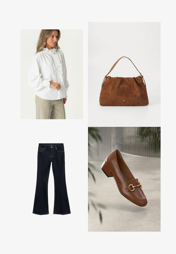 Bluză albă din bumbac cu un guler înalt cu volane, închidere frontală cu nasturi și dantelă la manșete. Mânici lungi și textură moale, netedă.; Jeansi din denim bleu închis, cu talie înaltă, buzunare frontale și picioare evazate, expuși plat pe un fundal alb.; Mocasini din piele patent cafenie, cu vârf pătrat, accent cu lanț metalic și toc mic; textură netedă, design minimalist.; Geantă din suede maro cu un design plisat, având o curea din piele bej și un detaliu subtil cu logo auriu în partea din față.