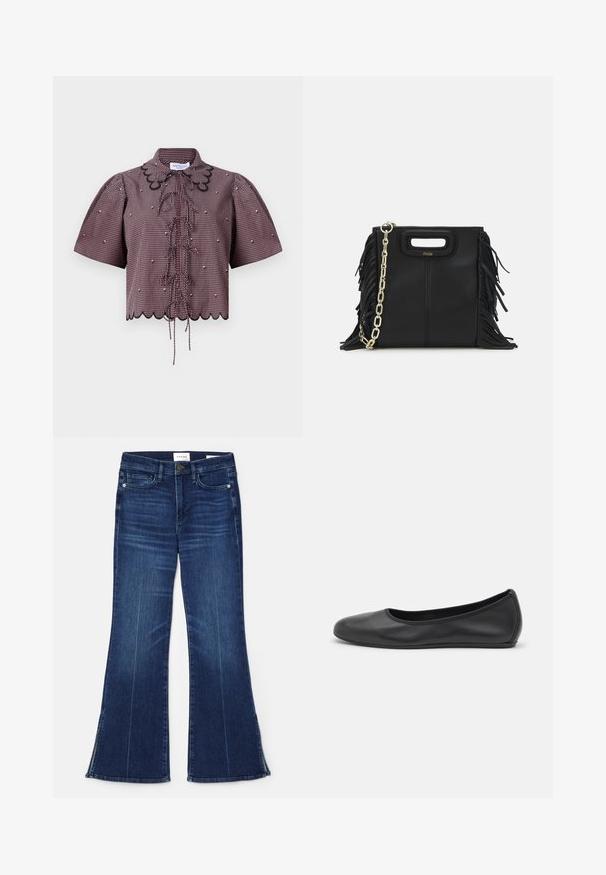 Top scurt din material în carouri roșii și negre, cu mâneci bufante, margine ondulată, legături frontale și detalii din dantelă neagră în jurul gulerului.; Jeans evazate de culoare albastră închisă, fabricate din denim. Prezintă o talie înaltă, buzunare frontale și detalii cu fante la tiv. Design clasic cu cinci buzunare.; Balerini din piele neagră, cu vârf rotund, textură netedă, detalii de cusătură minimale și un design al tălpii flexibil.; Geantă de mână din piele neagră cu detalii din franjuri, curea de umăr din lanț auriu și un mâner cu tăietură. Prezintă plasarea logo-ului pe față.