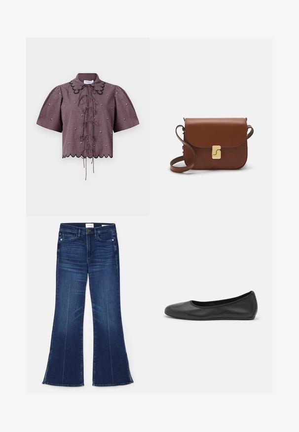 Top corto in tessuto a quadri rosso e nero, con maniche a sbuffo, orlo scallop, legature frontali e dettagli in pizzo nero attorno al collo.; Jeans a zampa d'elefante blu scuro in denim. Caratterizzati da una vita alta, tasche anteriori e dettagli con spacco all'orlo. Design classico a cinque tasche.; Pantofole da balletto nere in pelle con punta arrotondata, texture liscia, dettagli di cucitura minimi e design con suola flessibile.; Borsa a tracolla in pelle marrone con chiusura a pattina, hardware color oro, tracolla e una finitura liscia. Forma rettangolare compatta.