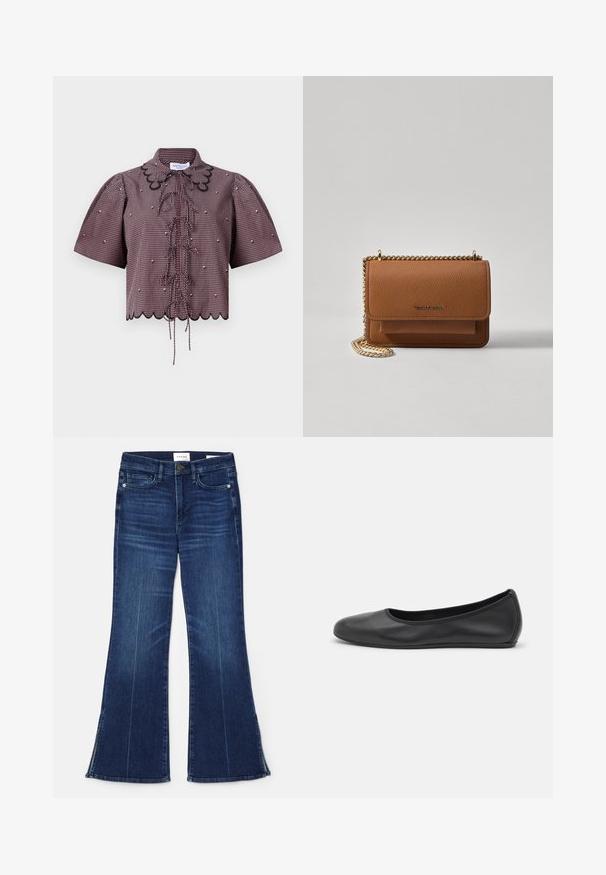 Crop top in rood en zwart geruit stof, met pofmouwen, gegolfde zoom, voorknoopjes en zwarte kantdetails rond de kraag.; Donkerblauwe uitlopende jeans gemaakt van denim. Beschikt over een hoge taille, voorzakken en splitdetails aan de zoom. Klassiek vijfzakontwerp.; Zwarte leren ballerina met een ronde neus, gladde textuur, minimale stikdetails en een flexibele zoolontwerp.; Bruine lederen schoudertas met textuur, voorzien van een gouden kettingstrap en klepsluiting. De voorkant heeft een logo-detail en een zak onder de klep.