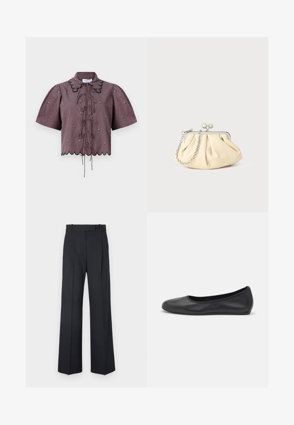 Bauchfreies Top aus rot- und schwarz kariertem Stoff, mit Puffärmeln, gewelltem Saum, Frontbindebändern und schwarzer Spitzenverzierung am Kragen.; Dunkelblaue Nadelstreifenhosen mit hoher Taille, weit geschnittenem Bein und ohne sichtbare Beschläge oder Verzierungen. Glatte Textur und taillierte Passform.; Schwarze Leder-Ballettschuhe mit abgerundeter Spitze, glatter Textur, minimalen Nähdetails und einem flexiblen Sohlen-Design.; Faltige beigefarbene Ledertasche mit einem silbernen Metallrahmen, ausgestattet mit zwei runden dekorativen Verschlüssen und einem silbernen Kettenriemen.