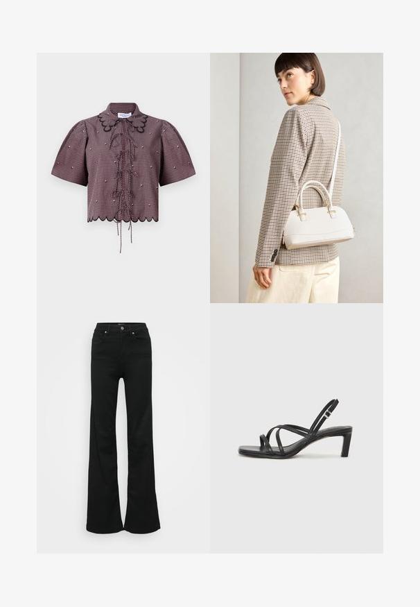 Punainen ja musta ruutukuvioinen crop-top, jossa on puffihihoja, aaltoileva helma, etutyyli ja musta pitsisomistus kauluksessa.; Mustat levenevät farkut, valmistettu denimmateriaaleista. Korkea vyötärö, viisi taskua ja metallinen napitus. Sileä pinta, jossa on minimaalinen yksityiskohtaisuus.; Mustat hihnalligat, joissa on neliön muotoinen kärki ja matala lohkokorko. Ominaisuuksiin kuuluu useita ohuita hihnoja ja säädettävä nilkkahihna. Valmistettu sileästä nahasta.; Valkoinen rakenteellinen käsilaukku, jossa on lyhyet kahvat ja olkahihna, varustettu kultaisilla metalliosilla ja tekstuurilla, esillä harmaata taustaa vasten.