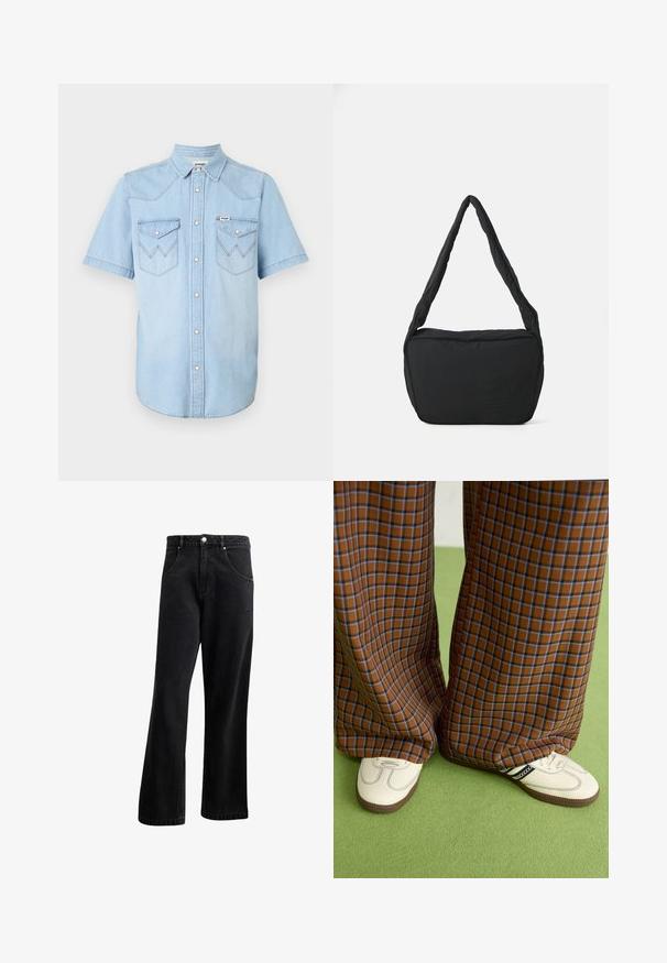 Hele sinine denimpusa lühikeste varrukatega, kaelusega, nööbid nupsudega ning kahe rinna-taskuga, millel on sakilise õmbluse detailid.; Mustadest denimist valmistatud sirge säärega teksad, millel on esipocketid, nööbid ja kerge tekstuur. Lisatud on diskreetne logo detail.; Pruunide ja siniste ruuduliste laiad püksid, mille juurde on kombineeritud valged kingad mustade aktsentidega ja tekstuursete taldadega, roheline taust.; Must have kaelus kott pehmendatud tekstuuriga, ümmargune kuju ja lai rihm, mille esipaneelil on reljeefne logo.