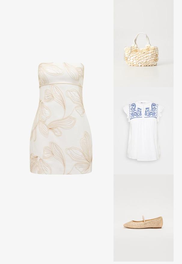 Biela bavlnená blúzka s modrou kvetinovou výšivkou a volánovými rukávmi. Má okrúhly výstrih a voľný strih.; Bezramenné šaty v krémovej farbe s embosovanými kvetinovými vzormi v svetlej béžovej. Priliehavý strih, hladká textúra, dĺžka po kolená a bez viditeľných zapínaní.; Zlaté plátkové baletky s špicatou špičkou, plochou podrážkou a pásikom cez priehlavok. Vyrobené z horného materiálu so štruktúrovanými vzormi.; Biela kabelka s textúrovanými, vlnitými ozdobami pripomínajúcimi mušle. Obsahuje tkanú rukoväť a strieborný reťazový popruh pre všestrannosť.
