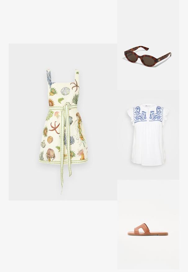 Weiße Baumwollbluse mit blauer Blumenstickerei und Rüschensäumen. Hat einen runden Ausschnitt und einen lockeren Schnitt.; Alemais SEA MINI DRESS - Freizeitkleid - cream; Braune Leder-Slipper mit offenem Zehendesign, breitem Riemen mit Ausschnittdetails, flacher Sohle und glatter Textur.; Schildpatt-Sonnenbrillen mit runden Rahmen, dunklen Gläsern und goldfarbener Logodetailierung an den Schläfen. Glattes Kunststoffmaterial, keine sichtbaren Muster.