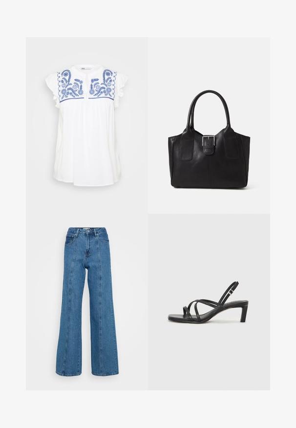 White cotton blouse with blue floral embroidery and ruffled sleeves. Features a round neckline and loose-fitting body.; Light blue high-waisted jeans feature a wide-leg design, made from denim with a textured finish and front seam detailing.; Black strappy sandal with a square toe and a low block heel. Features multiple thin straps and an adjustable ankle strap. Made of smooth leather.; Black leather tote bag with smooth texture, structured shape, two handles, and a prominent silver buckle detail on the front.